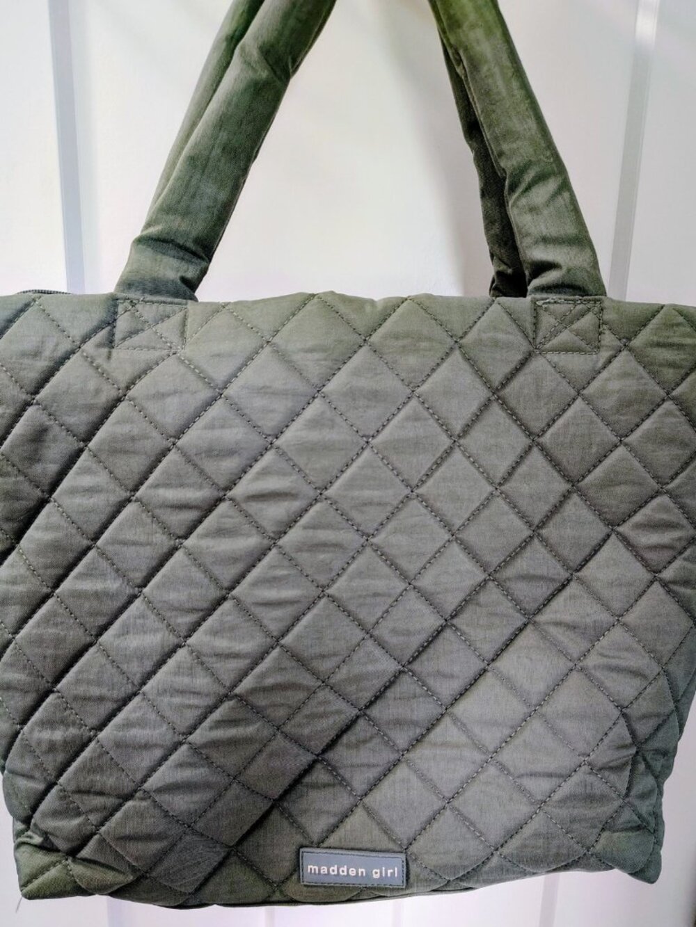 Madden Girl Quilted Tote Bag Sage Green, Removable Long Shoulder Strap